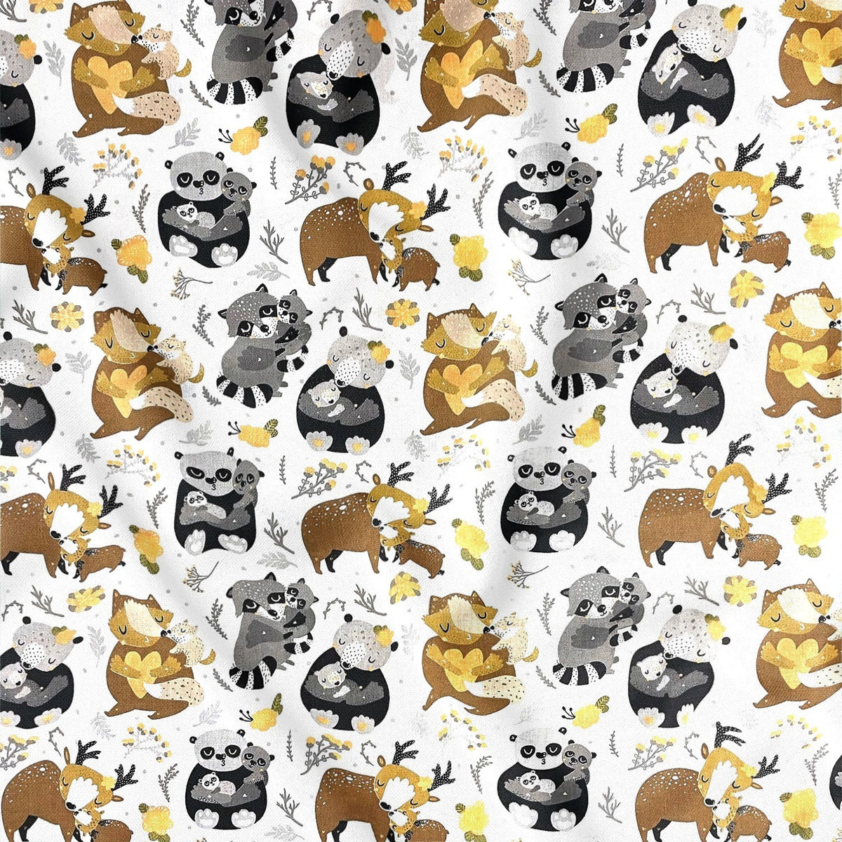Cotton Fabric - Animals Raccoons in the Forest