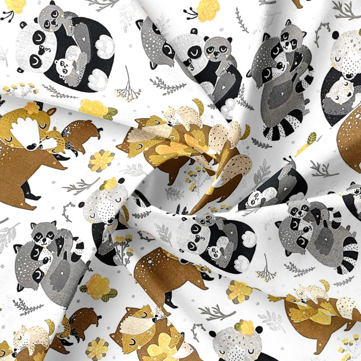 Cotton Fabric - Animals Raccoons in the Forest