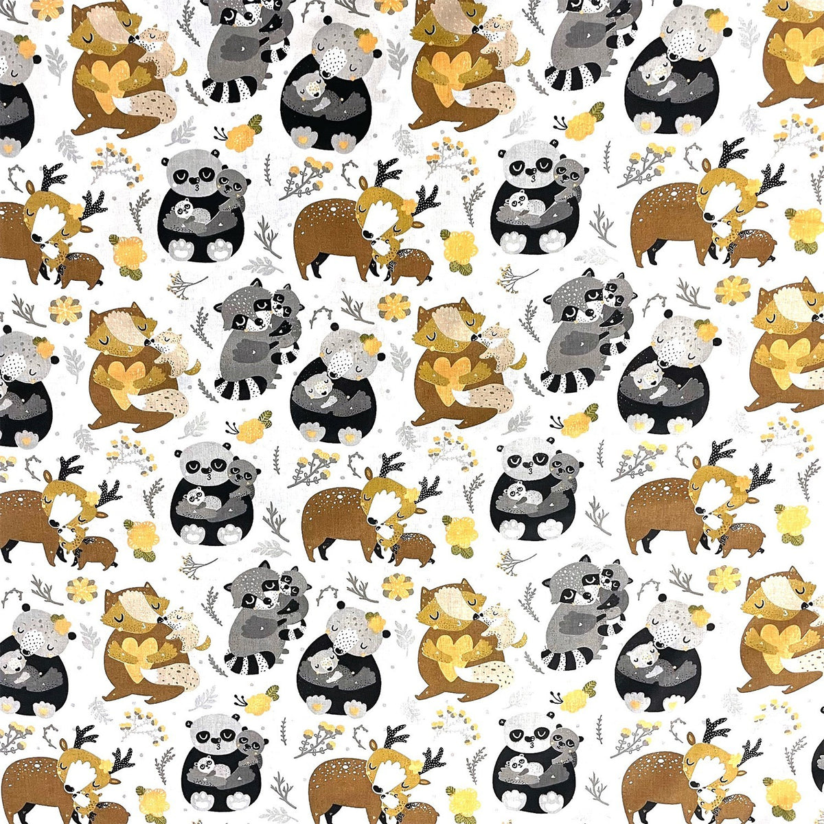 Cotton Fabric - Animals Raccoons in the Forest