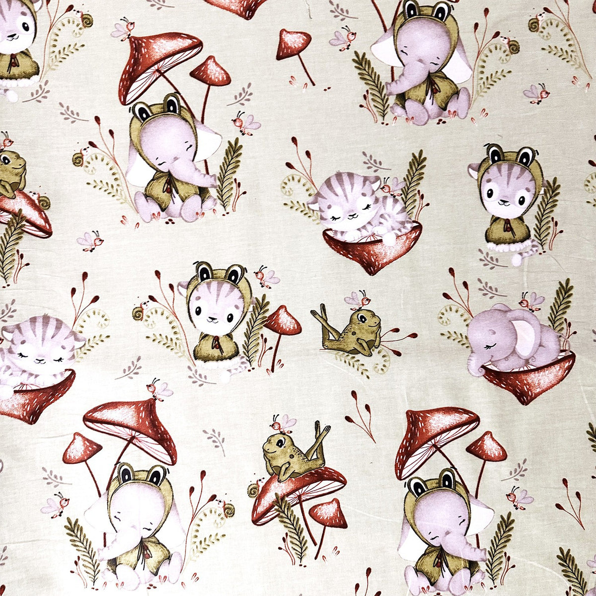 Cotton Fabric - Baby Cat and Elephants