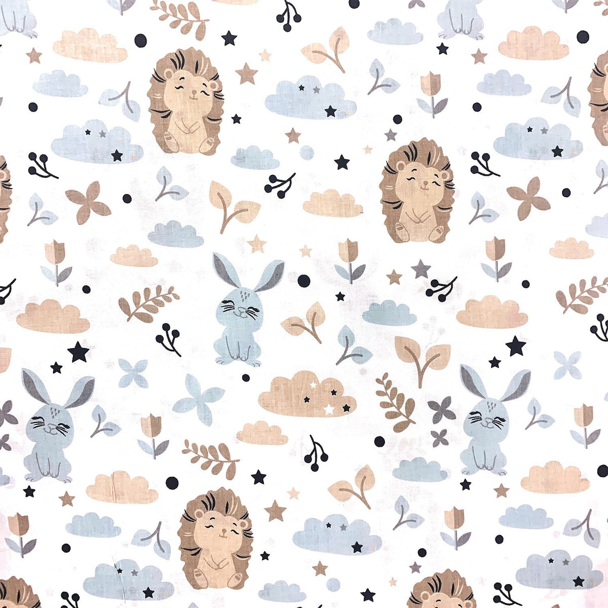 Cotton Fabric - Beige Hedgehogs and Blue Bunnies
