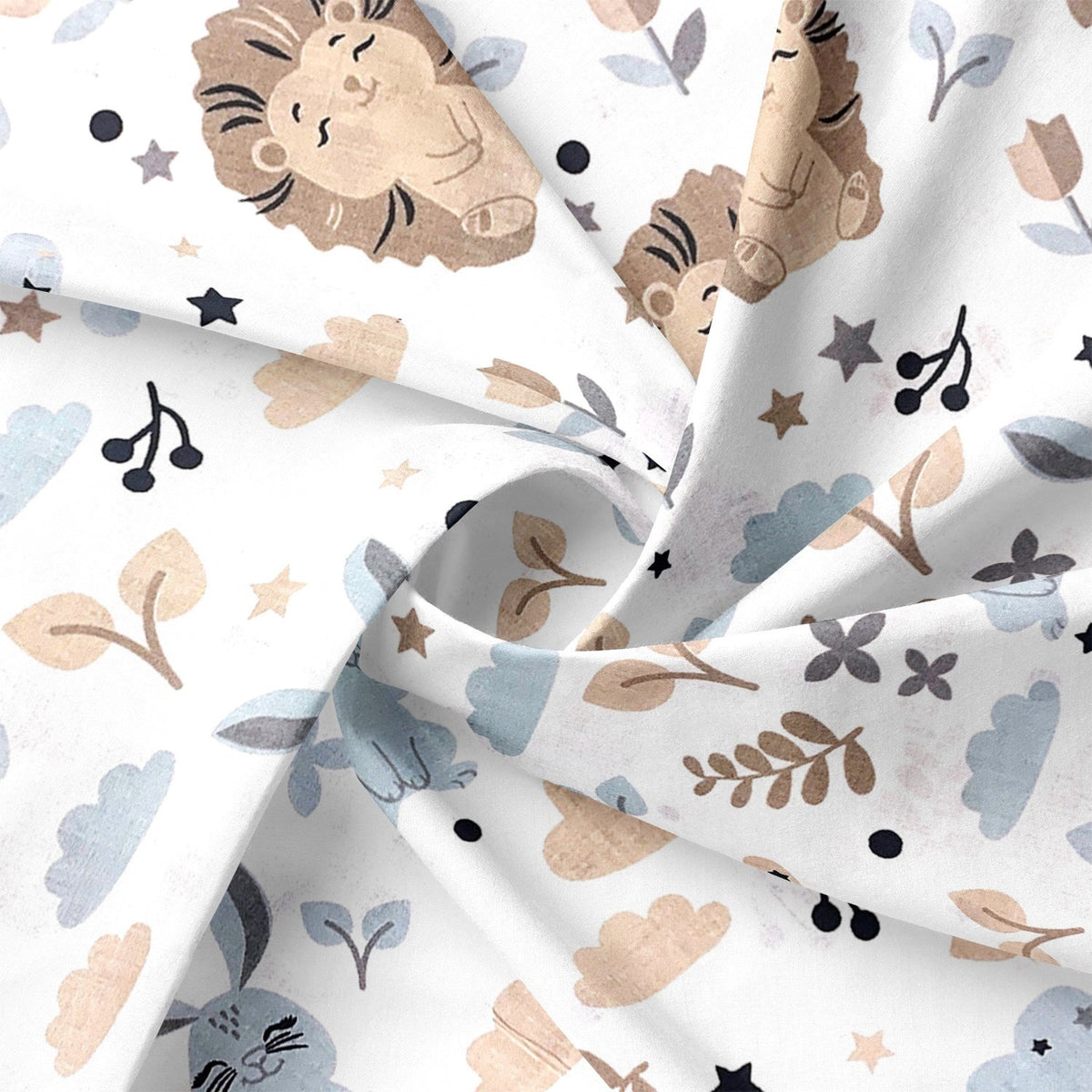 Cotton Fabric - Beige Hedgehogs and Blue Bunnies