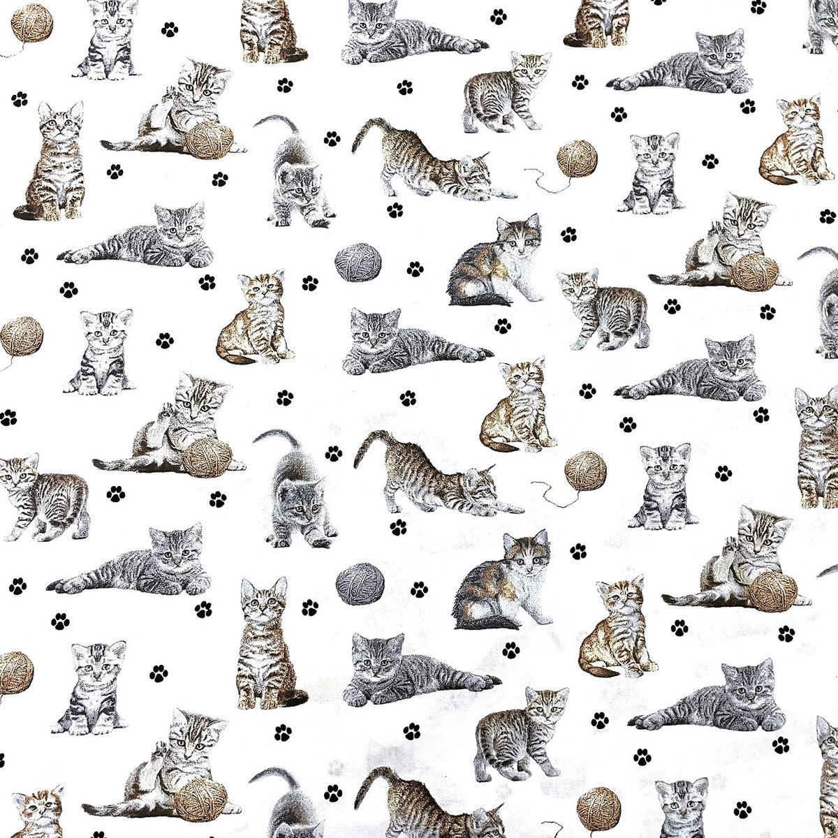 Cotton Fabric - Cats Paws and Yarn on White