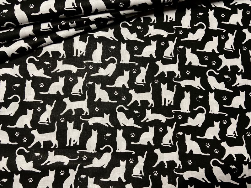 Cotton Fabric - Cats and Paws on Black