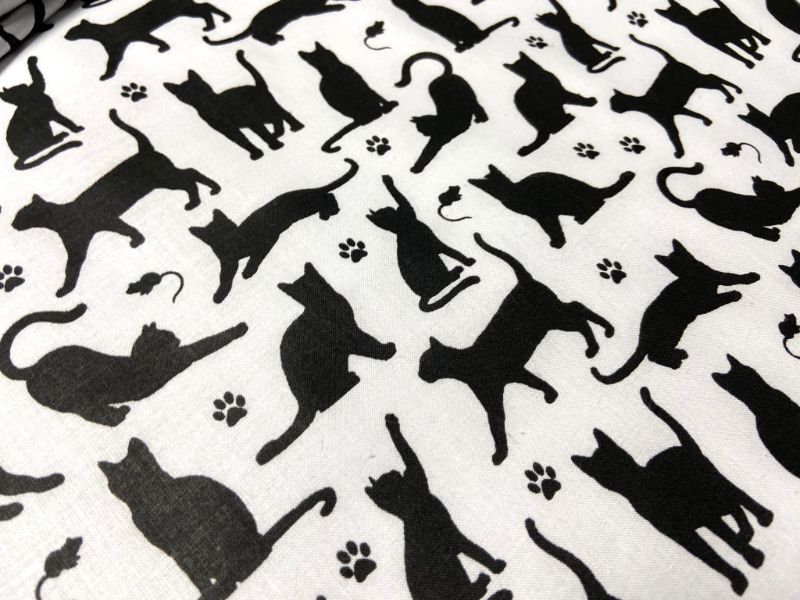 Cotton Fabric - Cats and Paws on White