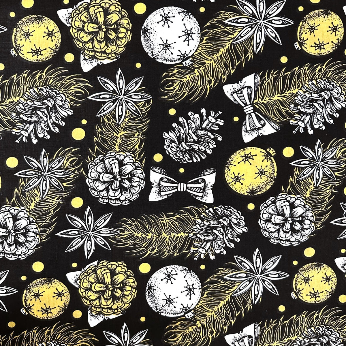 Cotton Fabric - Christmas Balls and Bells on Black