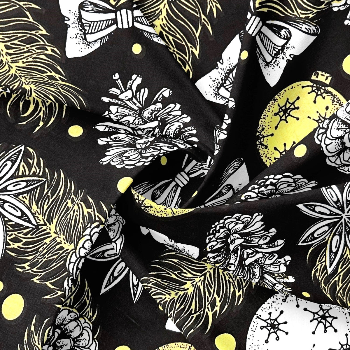 Cotton Fabric - Christmas Balls and Bells on Black