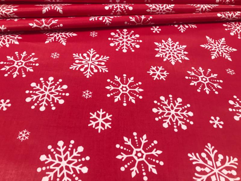 Cotton Fabric - Christmas Big White Snowflakes on Red