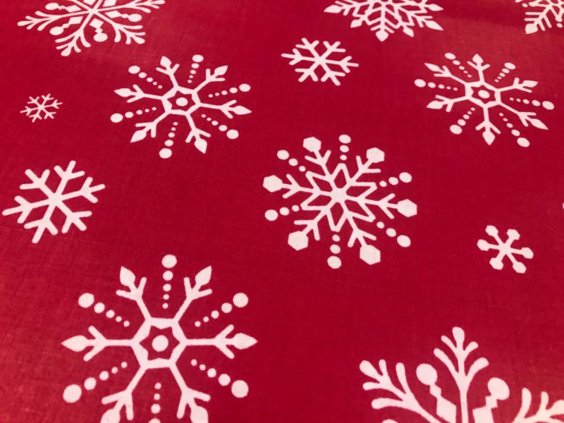Cotton Fabric - Christmas Big White Snowflakes on Red