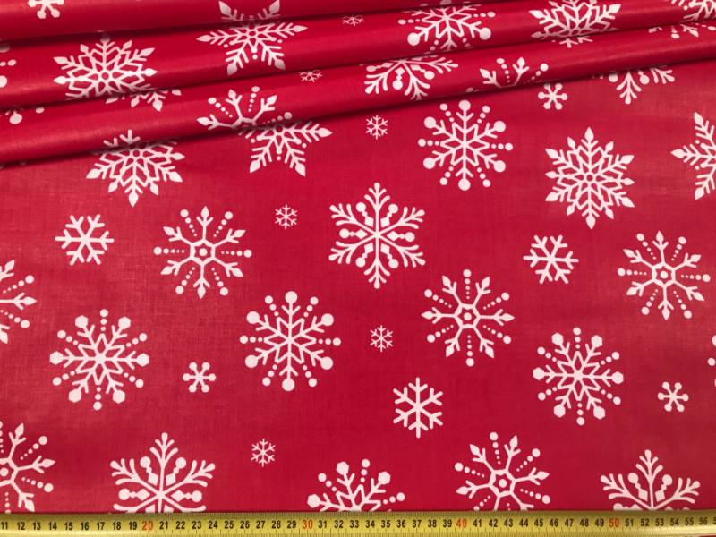 Cotton Fabric - Christmas Big White Snowflakes on Red