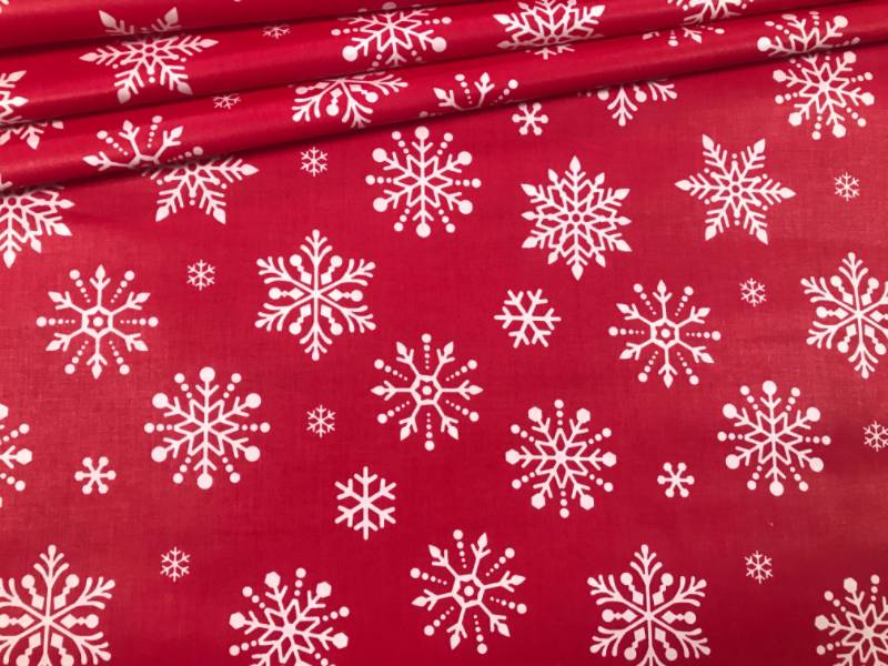 Cotton Fabric - Christmas Big White Snowflakes on Red