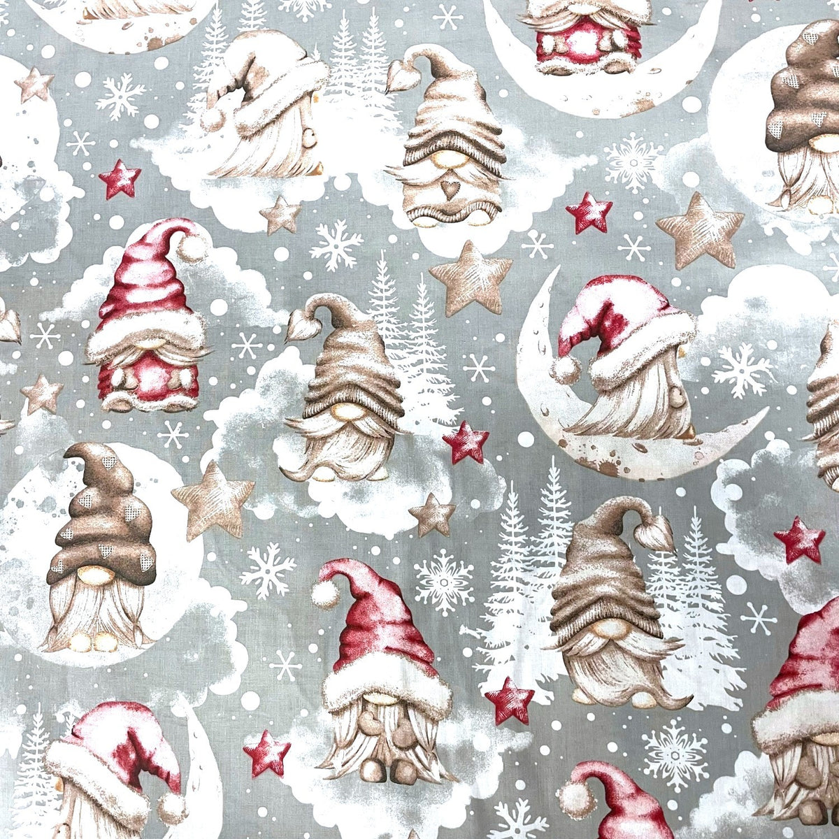 Cotton Fabric - Christmas Gnomes Red