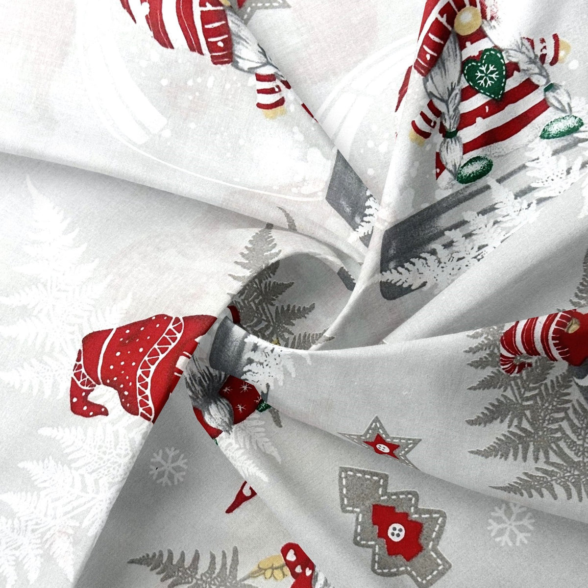 Cotton Fabric - Christmas Grey Gnomes and skates