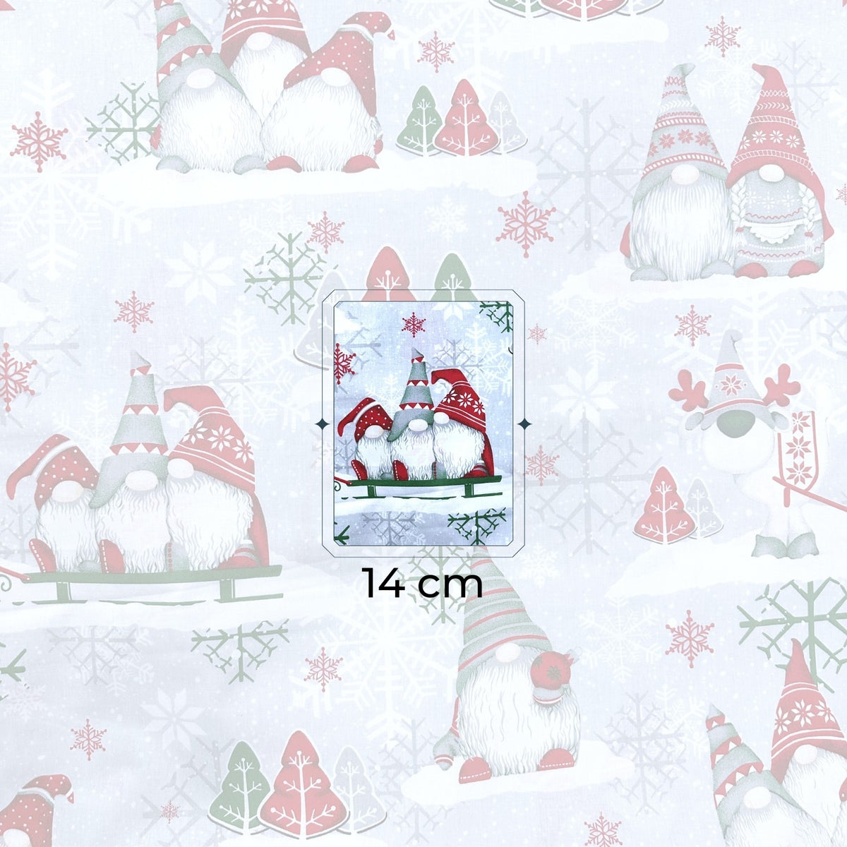 Cotton Fabric - Christmas Red and Green Gnomes on Gray