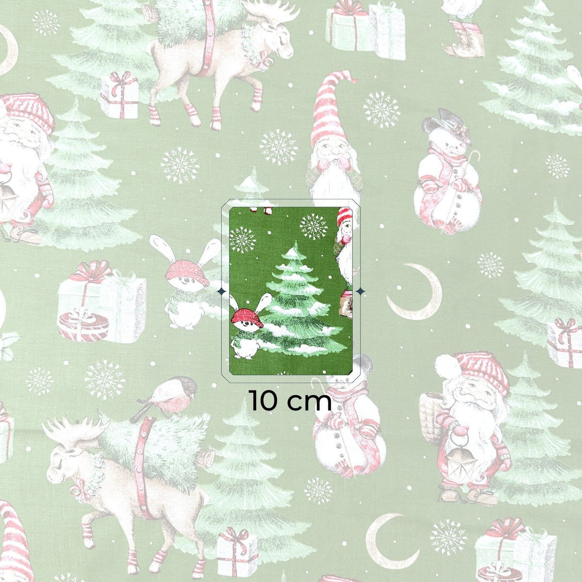 Cotton Fabric - Christmas Reindeer and Santa Claus, Green