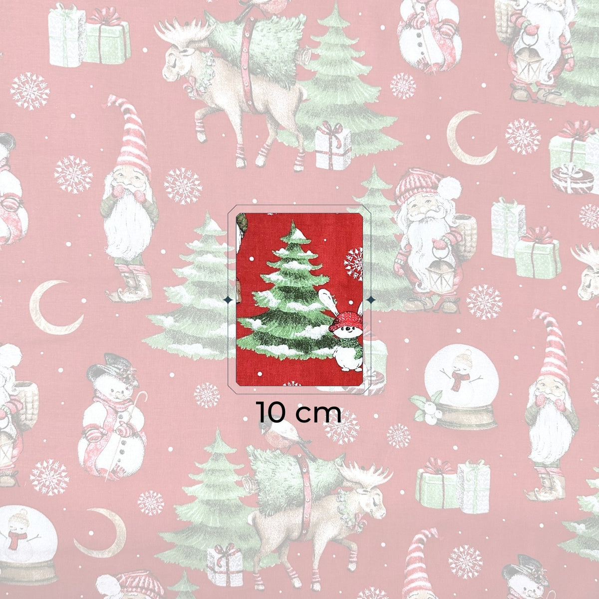 Cotton Fabric - Christmas Reindeer and Santa Claus, Red