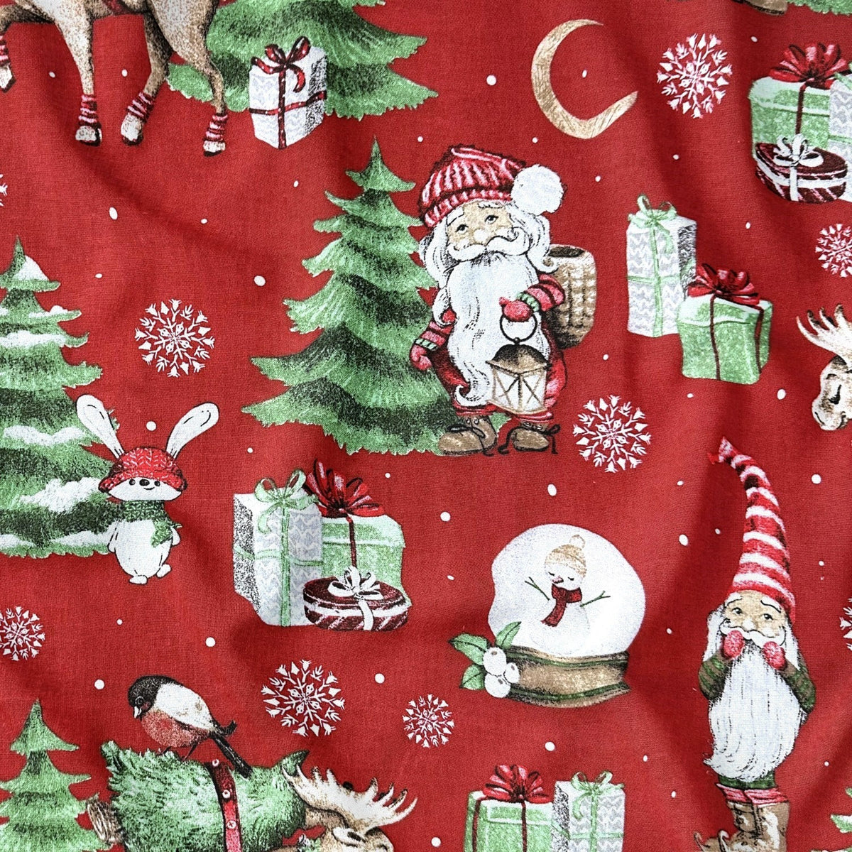 Cotton Fabric - Christmas Reindeer and Santa Claus, Red