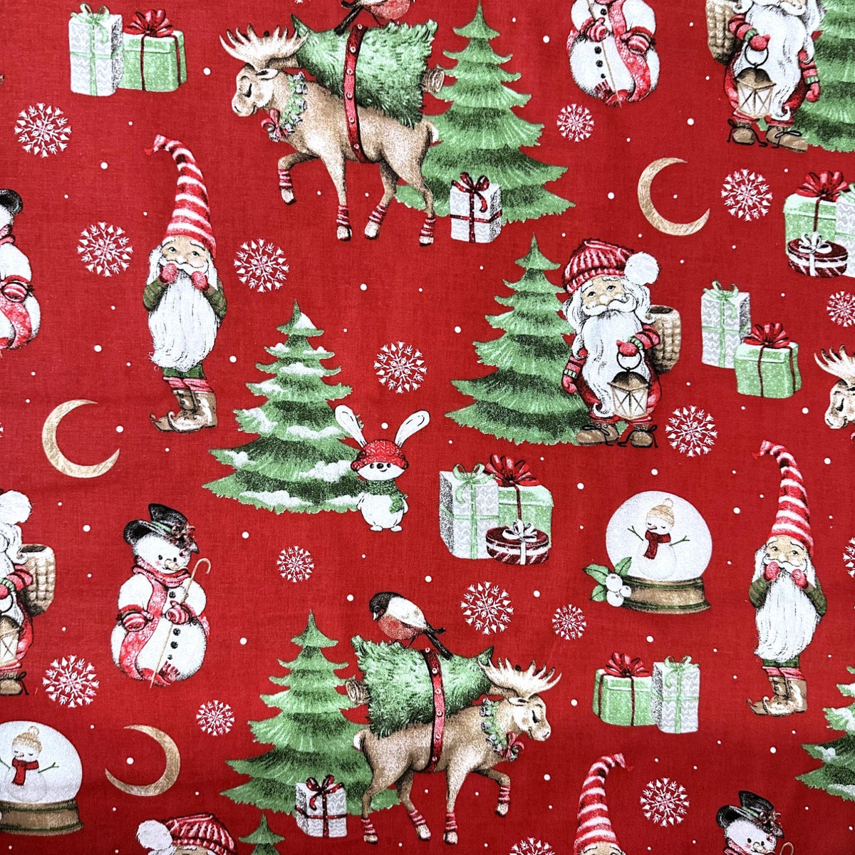 Cotton Fabric - Christmas Reindeer and Santa Claus, Red