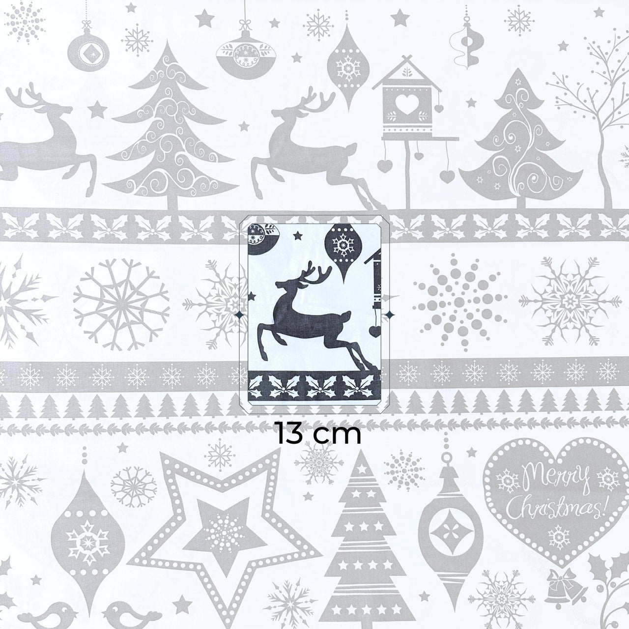 Cotton Fabric - Christmas Trees and Reindeer Grey on White