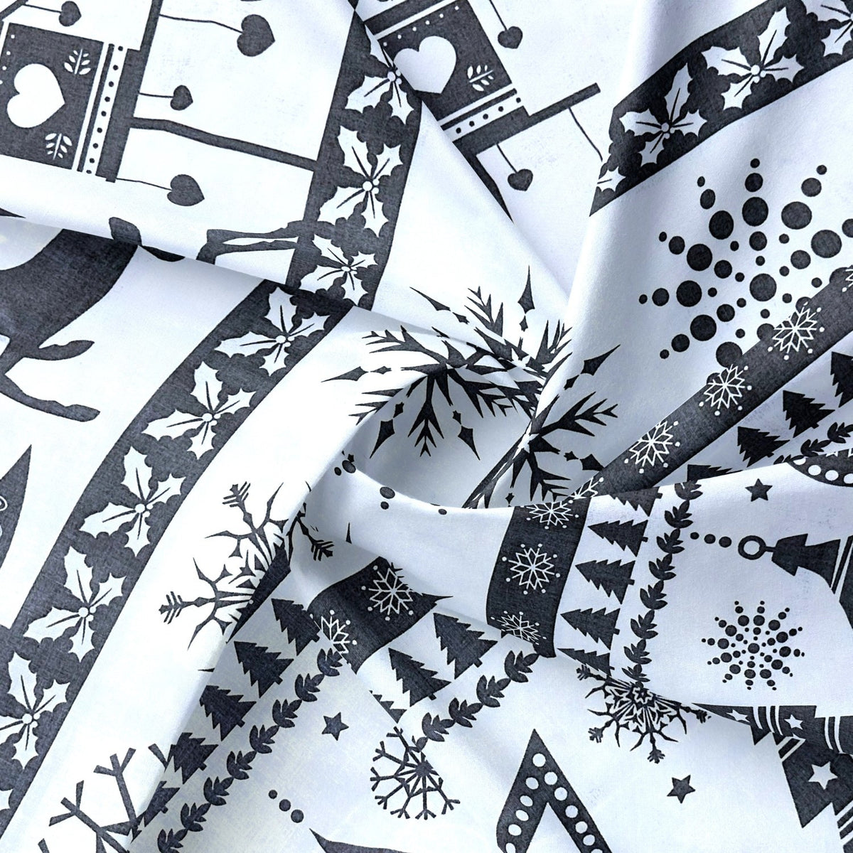 Cotton Fabric - Christmas Trees and Reindeer Grey on White
