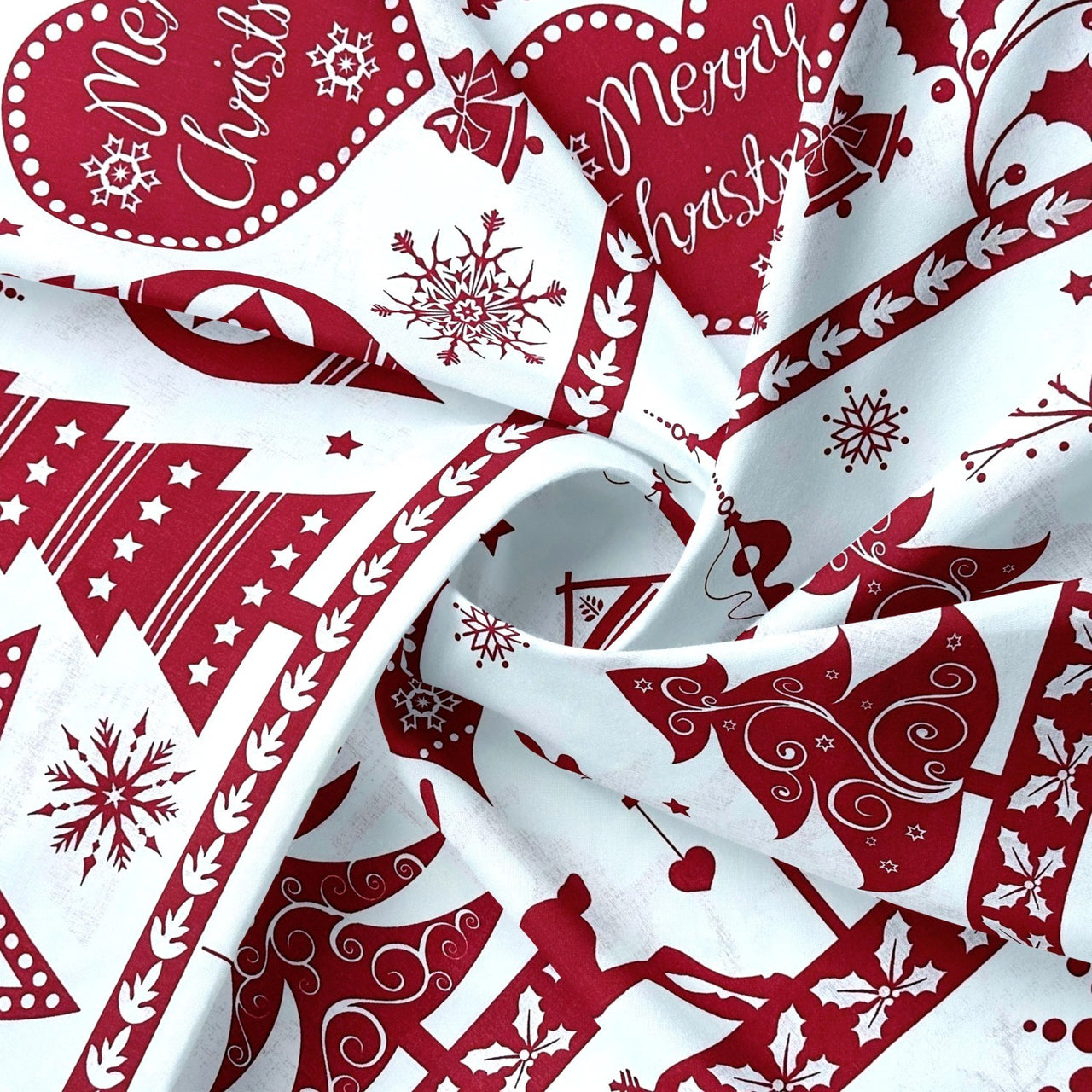 Cotton Fabric - Christmas Trees and Reindeer Red on White