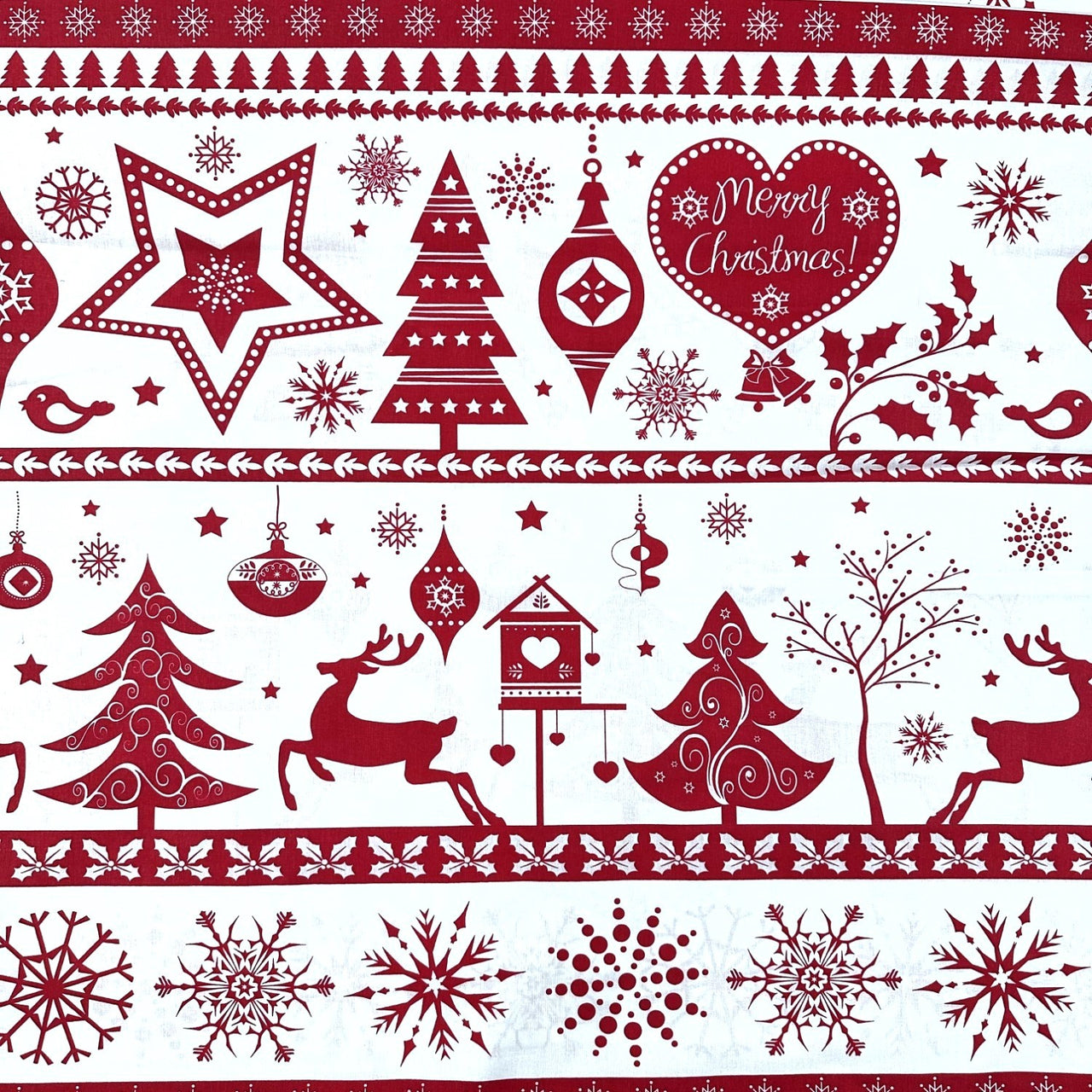 Cotton Fabric - Christmas Trees and Reindeer Red on White