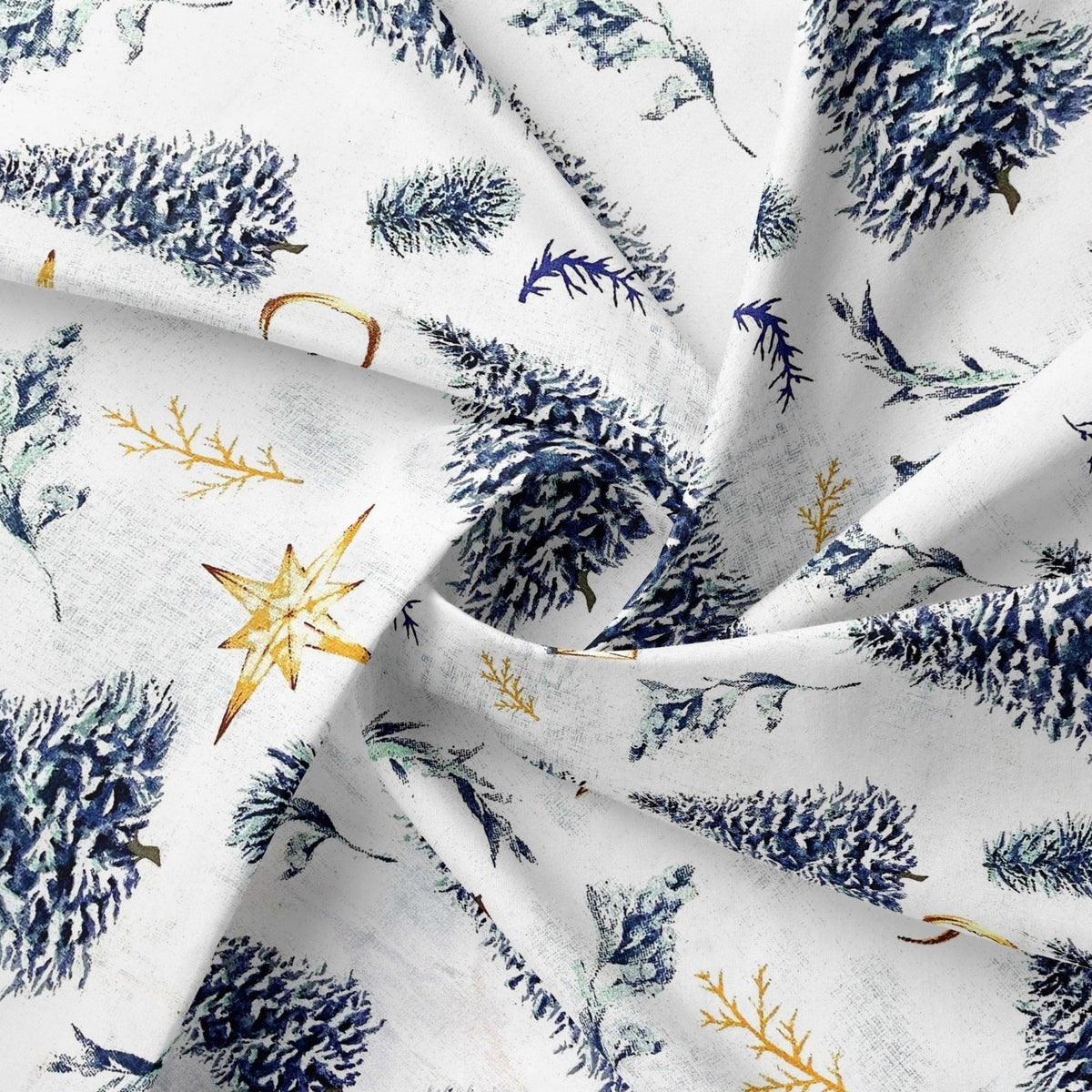 Cotton Fabric - Christmas Trees and Stars, White