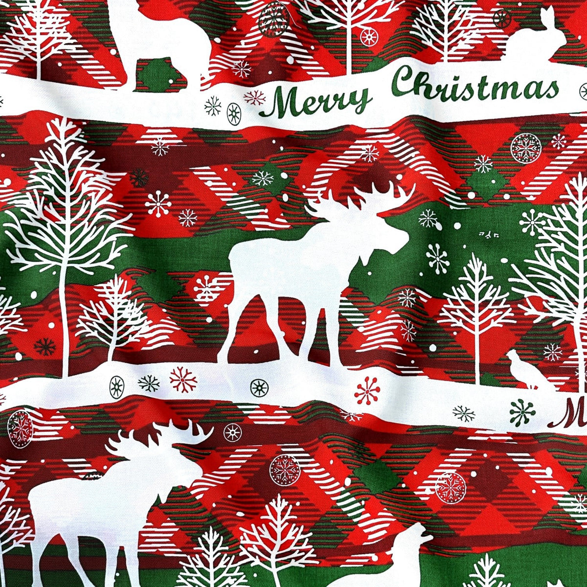 Cotton Fabric - Christmas forest, red and green