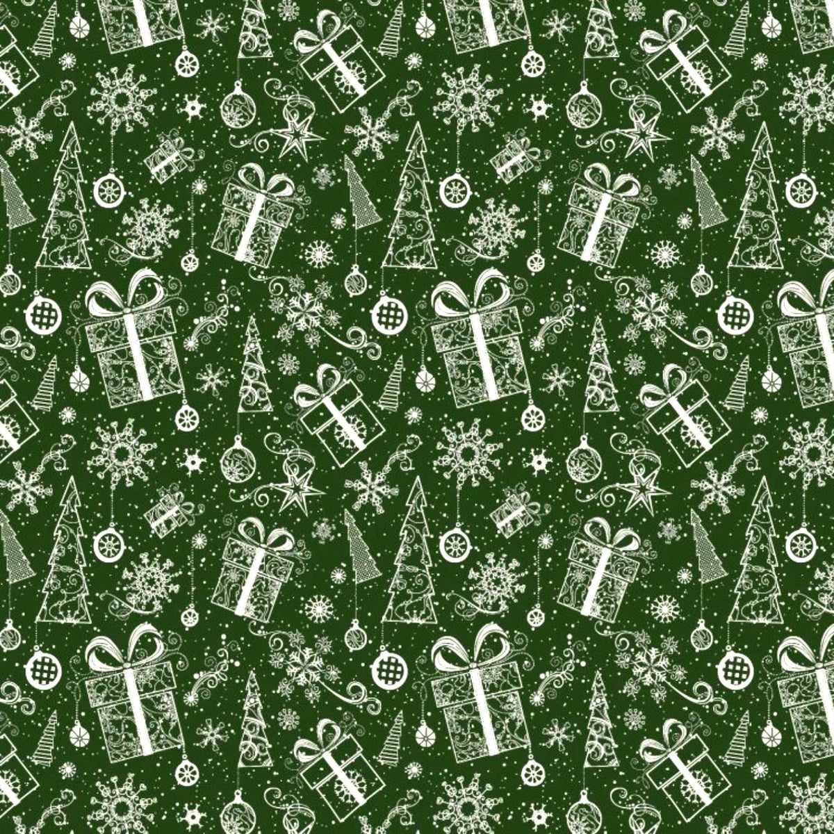Cotton Fabric - Christmas tree, snowflakes, and presents in green