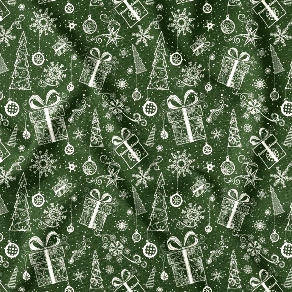 Cotton Fabric - Christmas tree, snowflakes, and presents in green