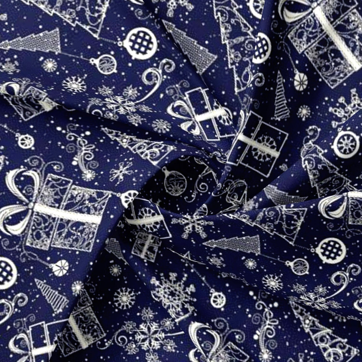 Cotton Fabric - Christmas trees, snowflakes, and presents in navy blue