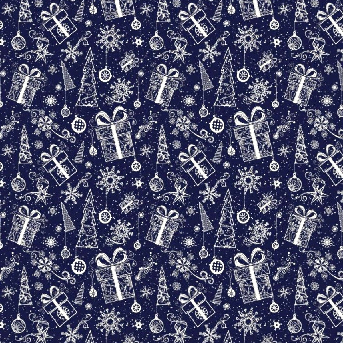 Cotton Fabric - Christmas trees, snowflakes, and presents in navy blue