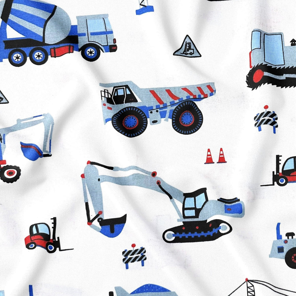Cotton Fabric - Construction Site Excavator and Crane, Blue