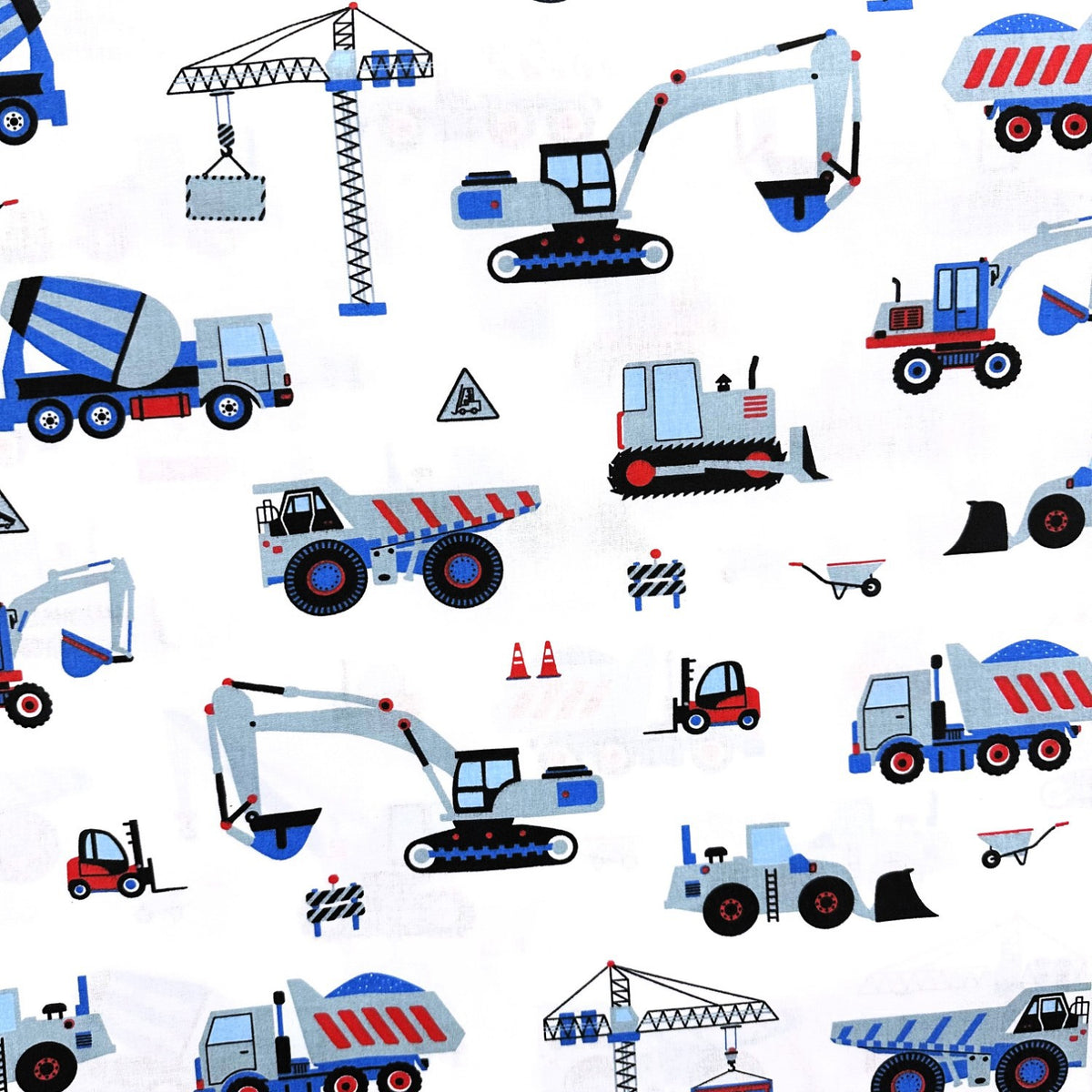 Cotton Fabric - Construction Site Excavator and Crane, Blue