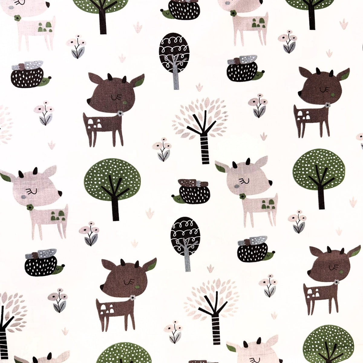 Cotton Fabric - Deer and hedgehogs, Green and Brown