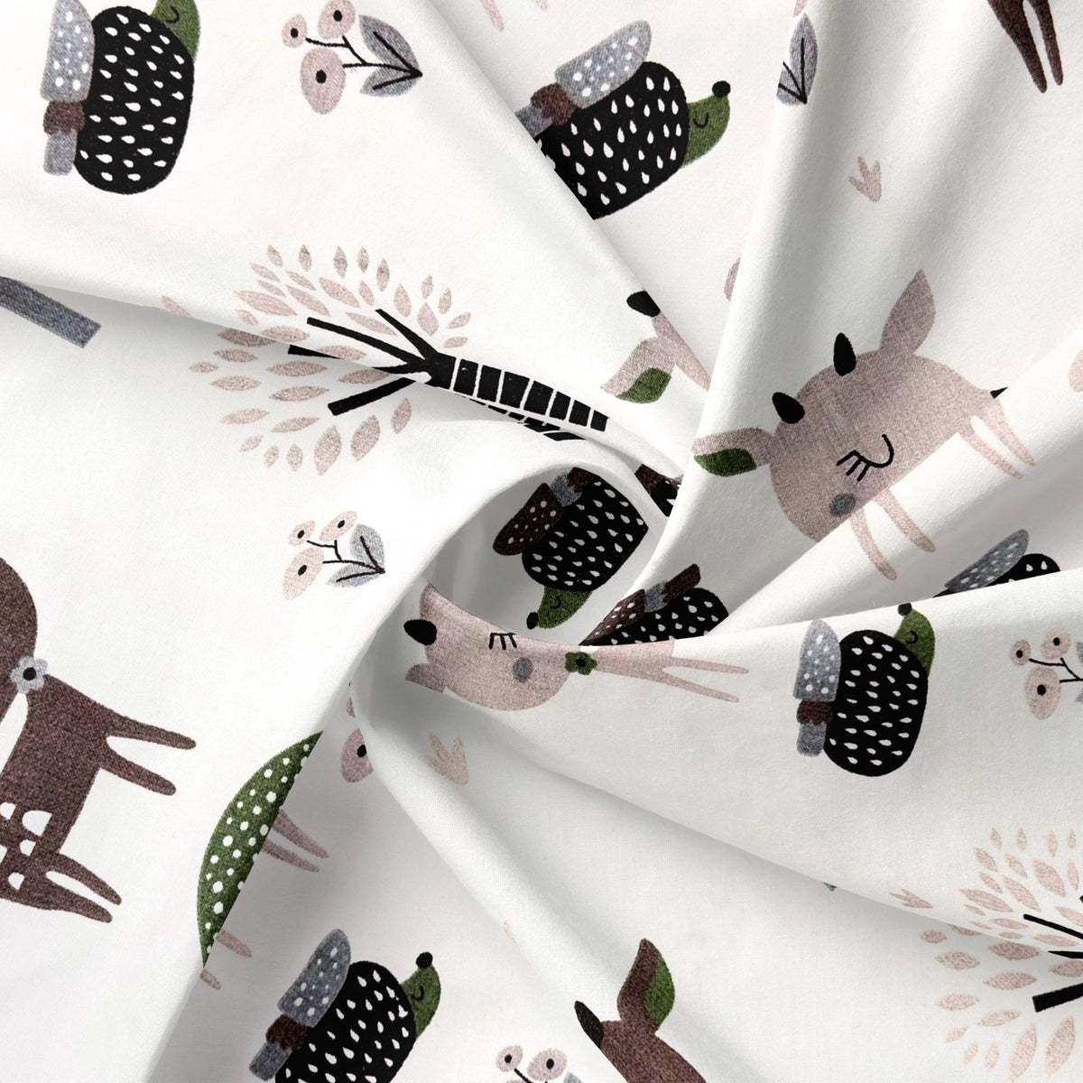 Cotton Fabric - Deer and hedgehogs, Green and Brown