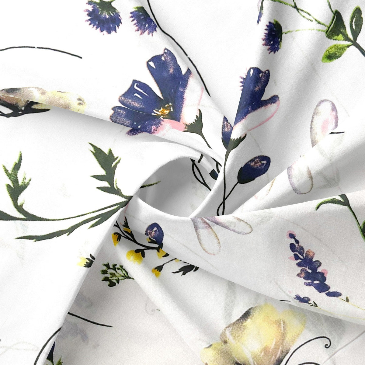 Cotton Fabric - Dragonflies, flowers and butterflies, cornflower