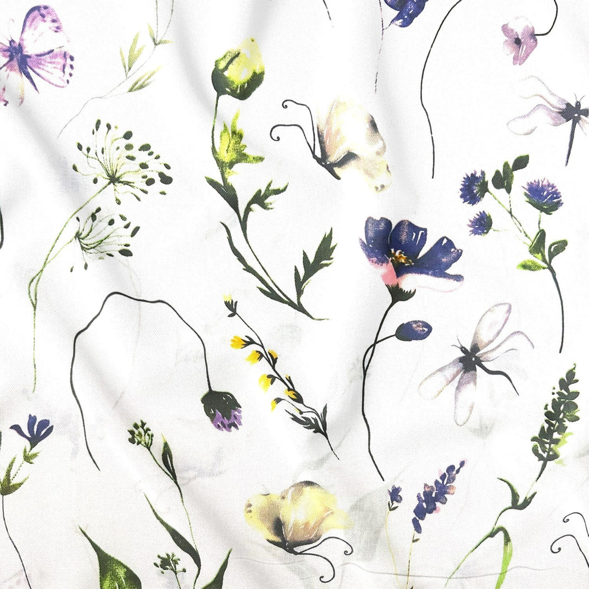 Cotton Fabric - Dragonflies, flowers and butterflies, cornflower