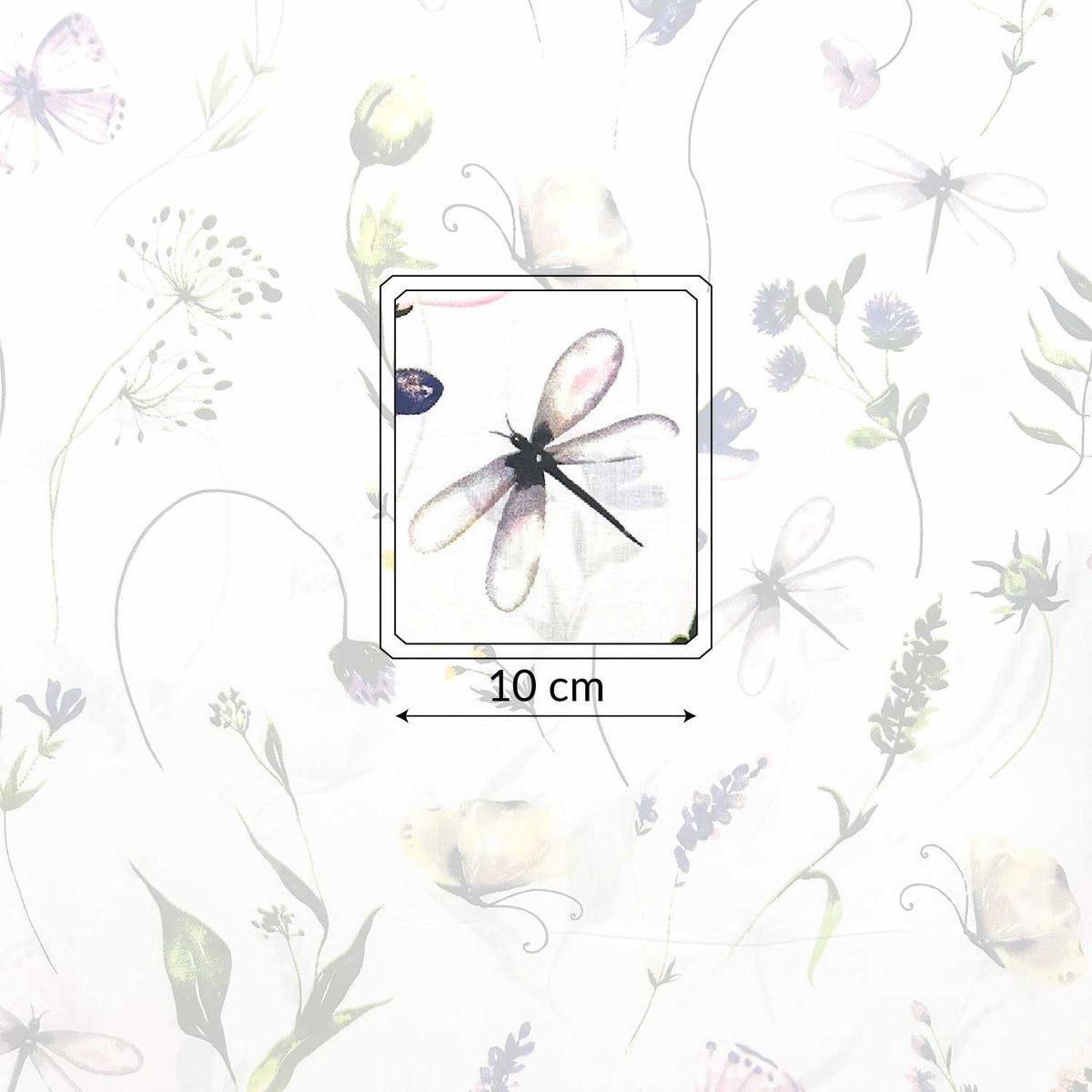Cotton Fabric - Dragonflies, flowers and butterflies, cornflower