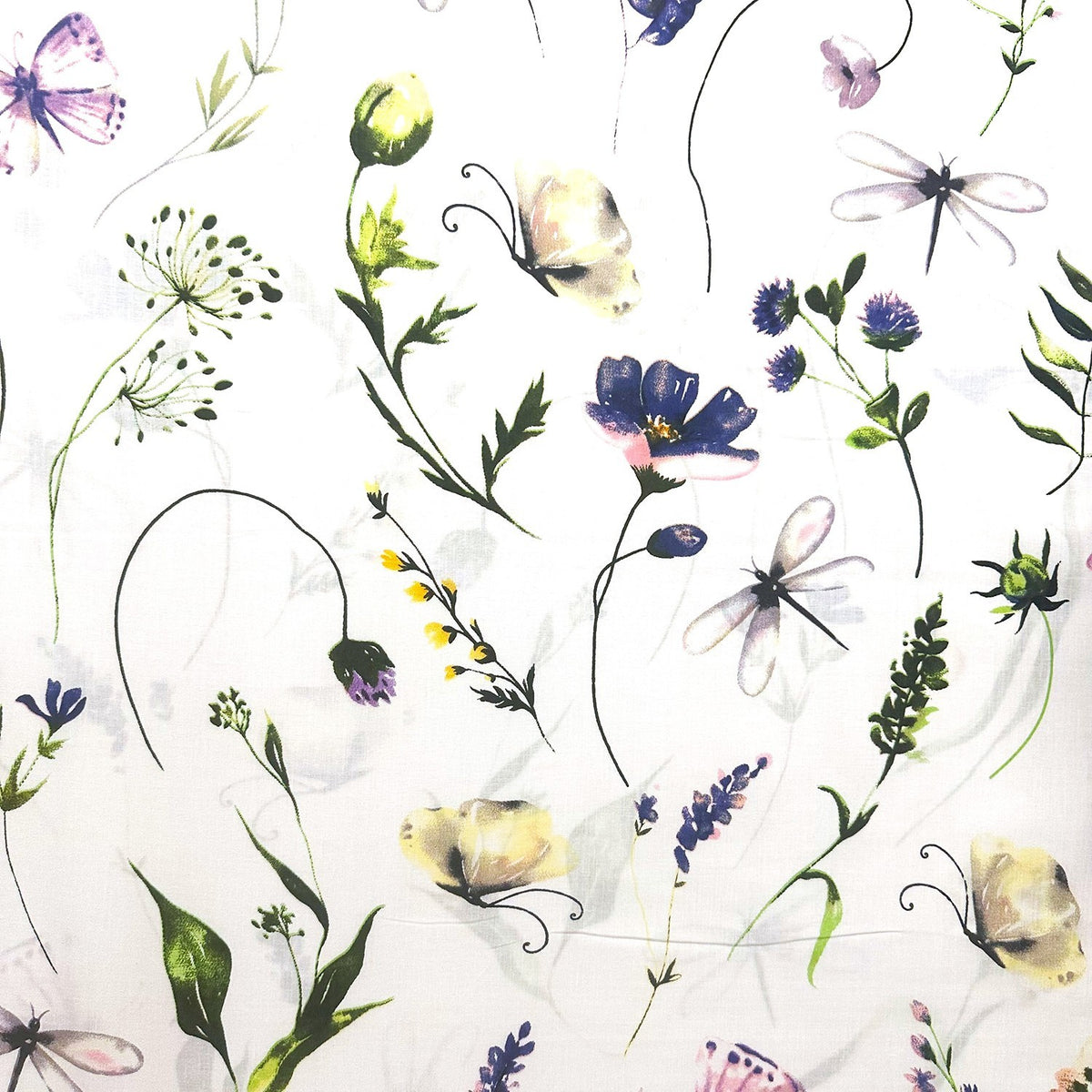 Cotton Fabric - Dragonflies, flowers and butterflies, cornflower