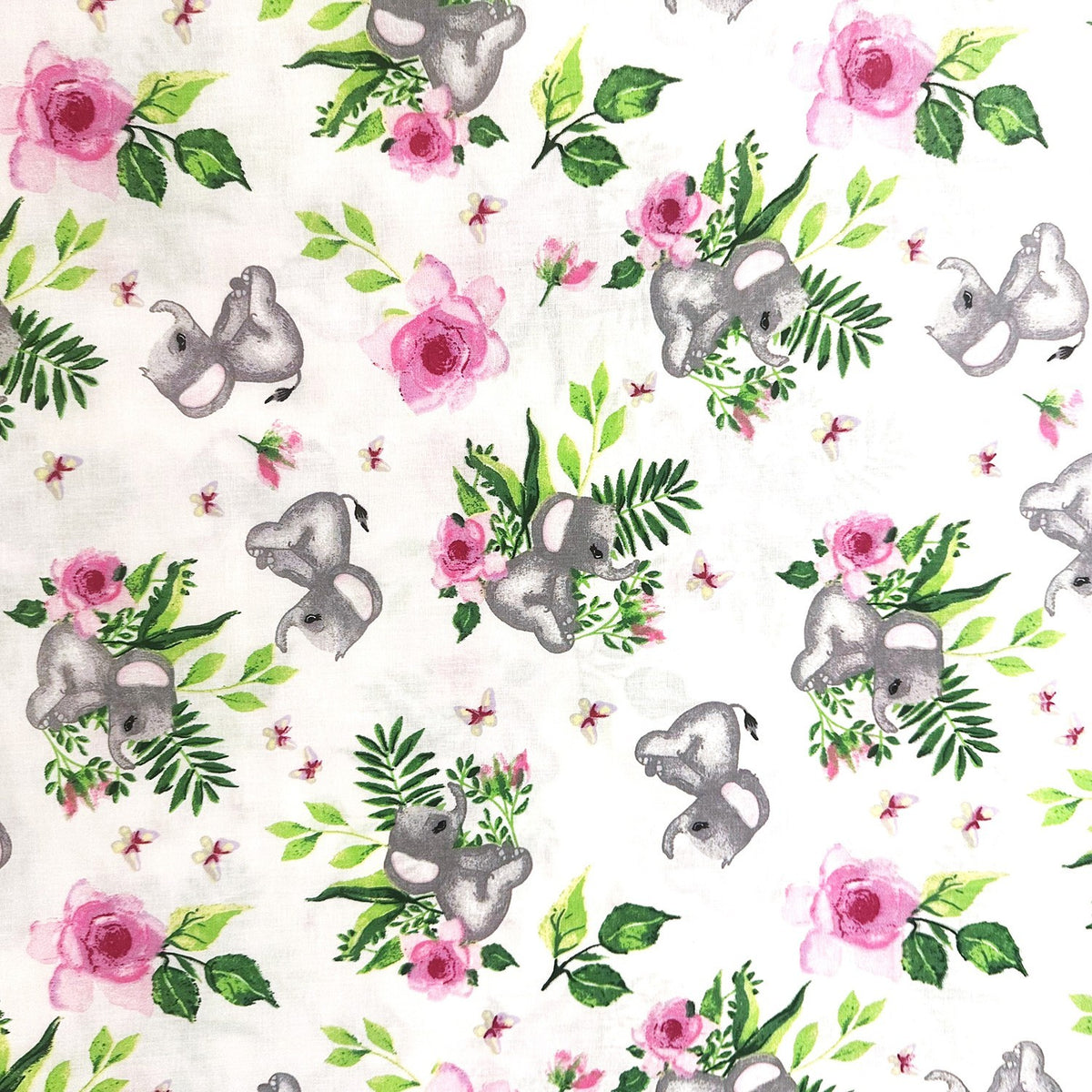 Cotton Fabric - Elephants and Roses