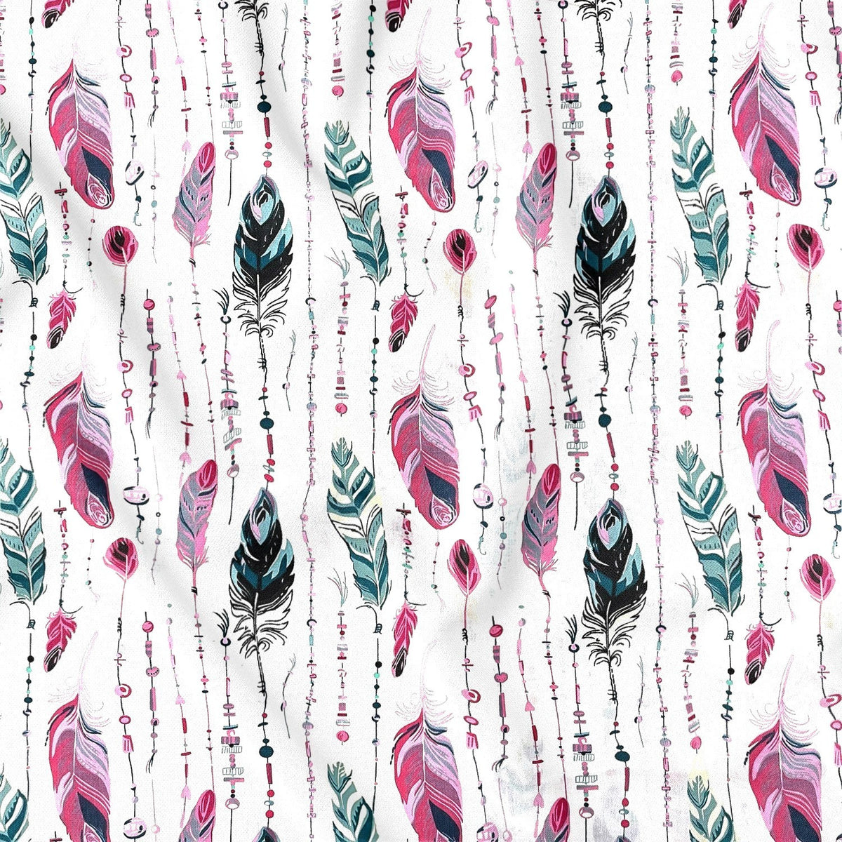 Cotton Fabric - Feathers and Beads Green and Pink