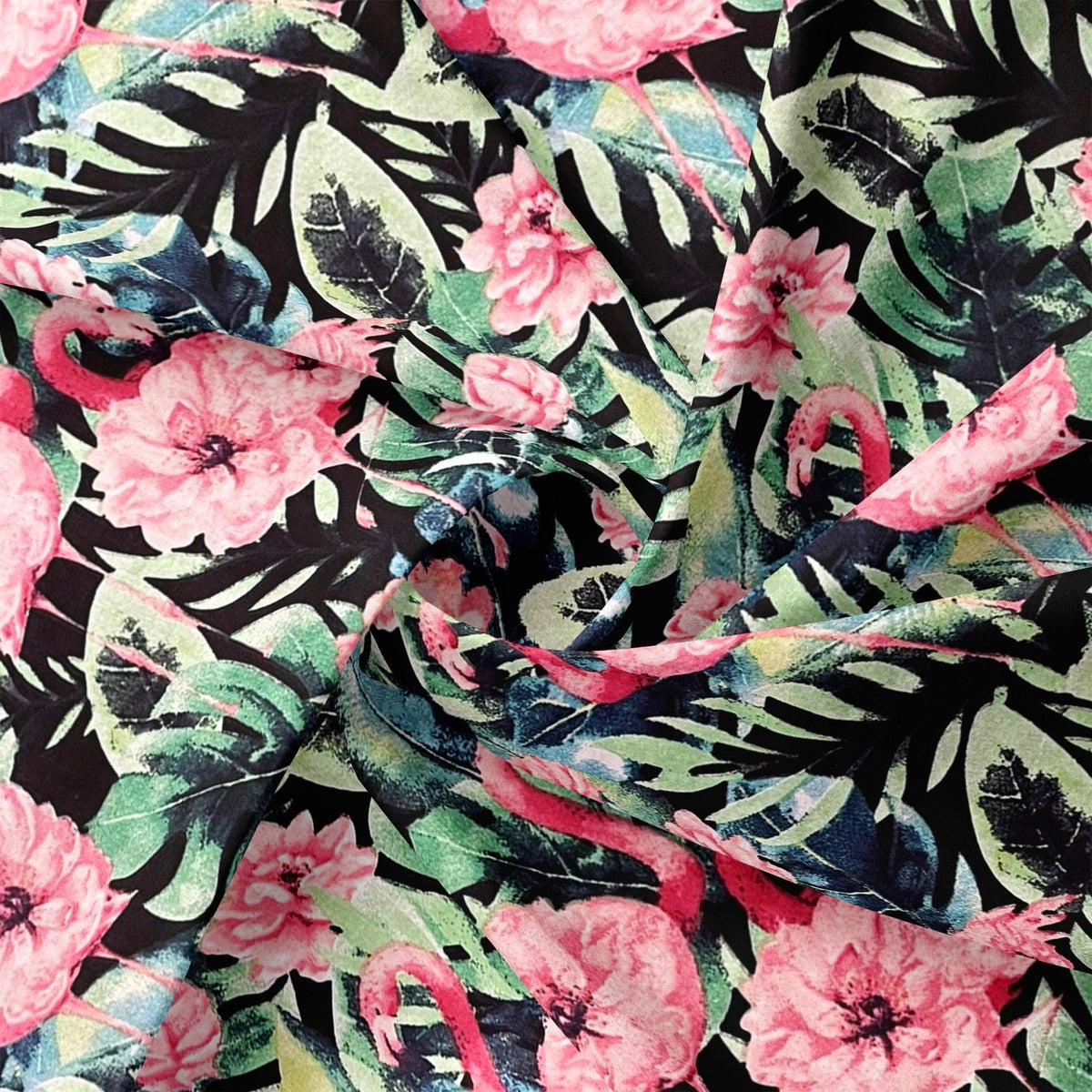 Cotton Fabric - Flamingos in Rose Flowers and Leaves