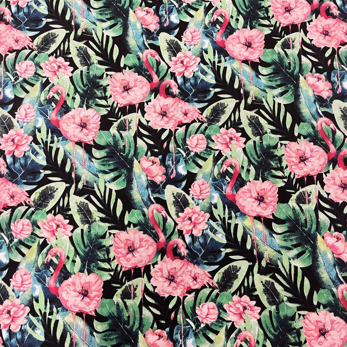 Cotton Fabric - Flamingos in Rose Flowers and Leaves