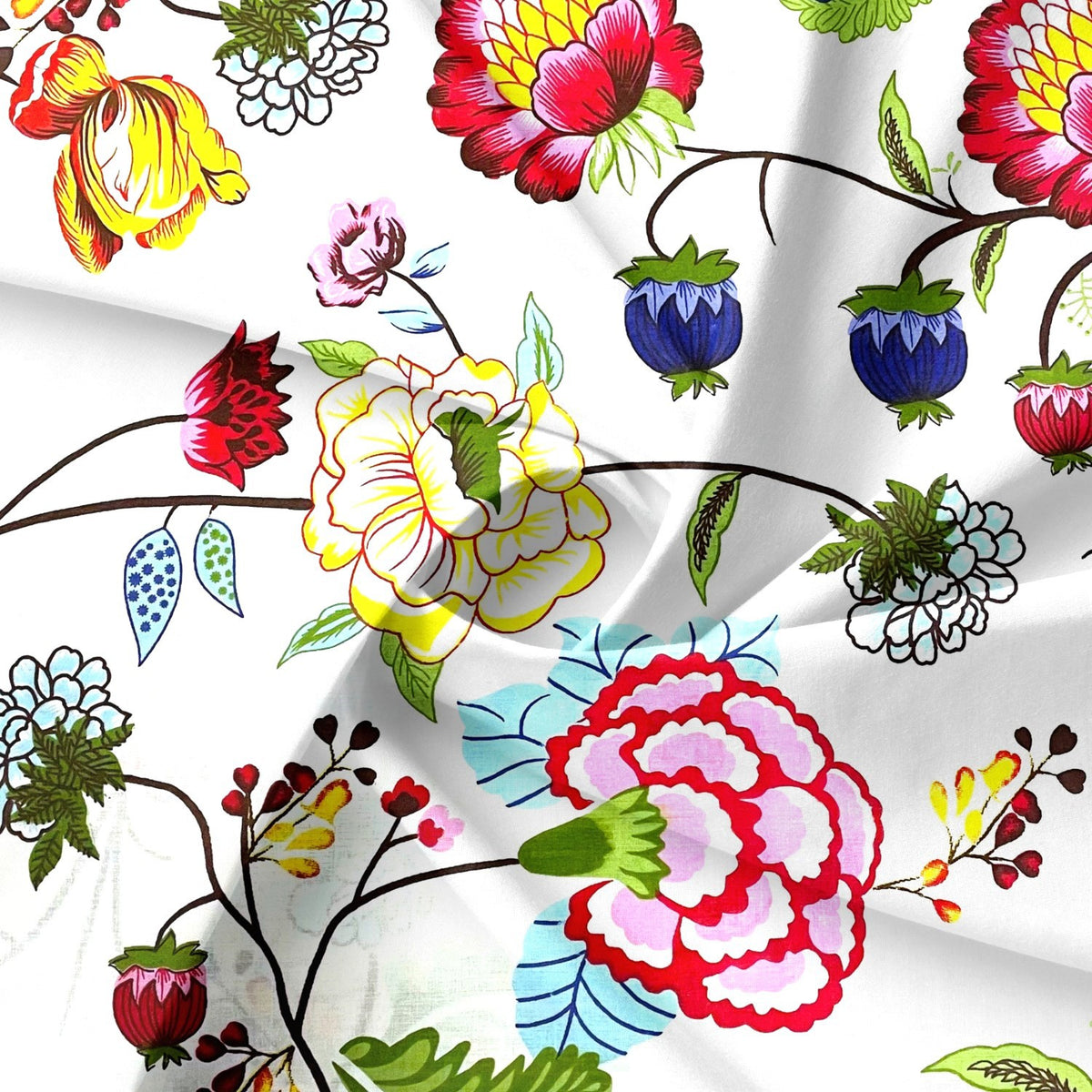 Cotton Fabric - Flowers on White