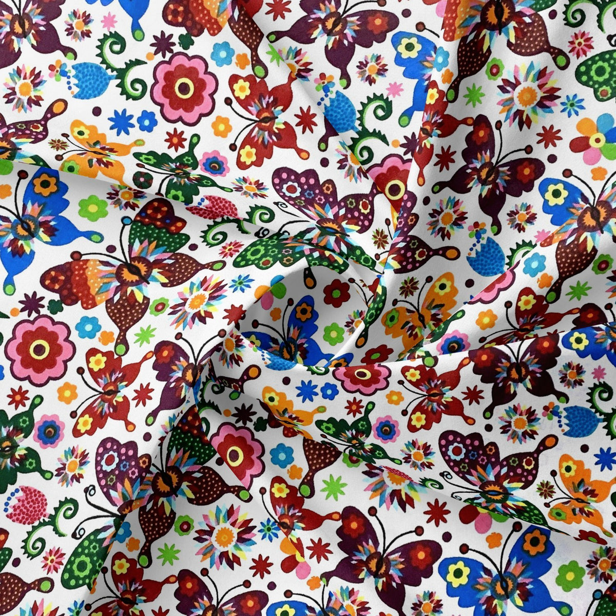 Cotton Fabric - Folk Butterflies White