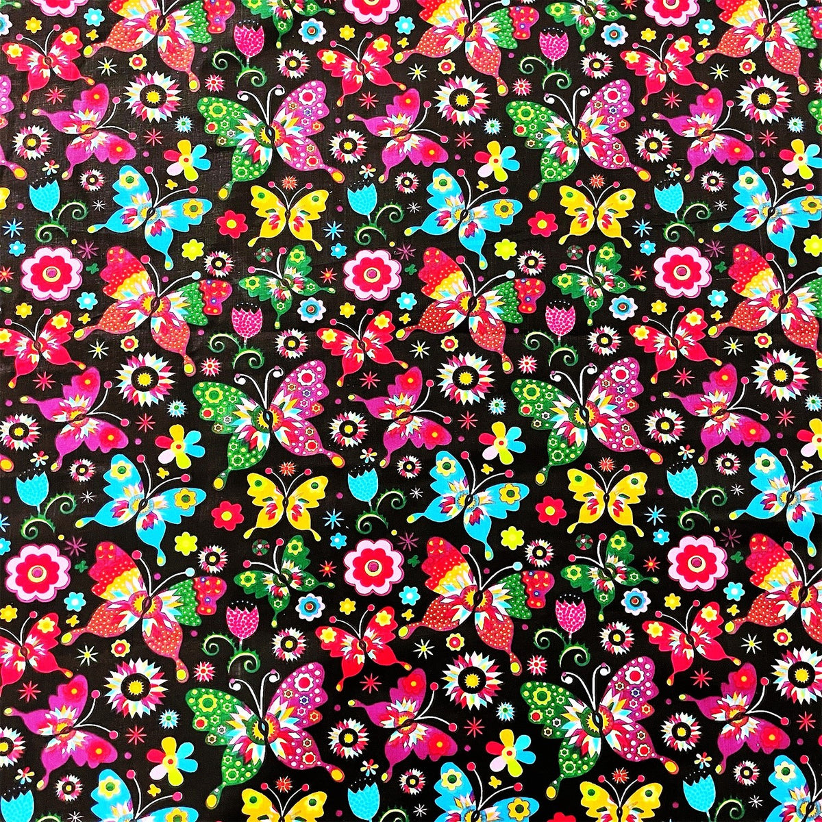 Cotton Fabric - Folk butterflies Black