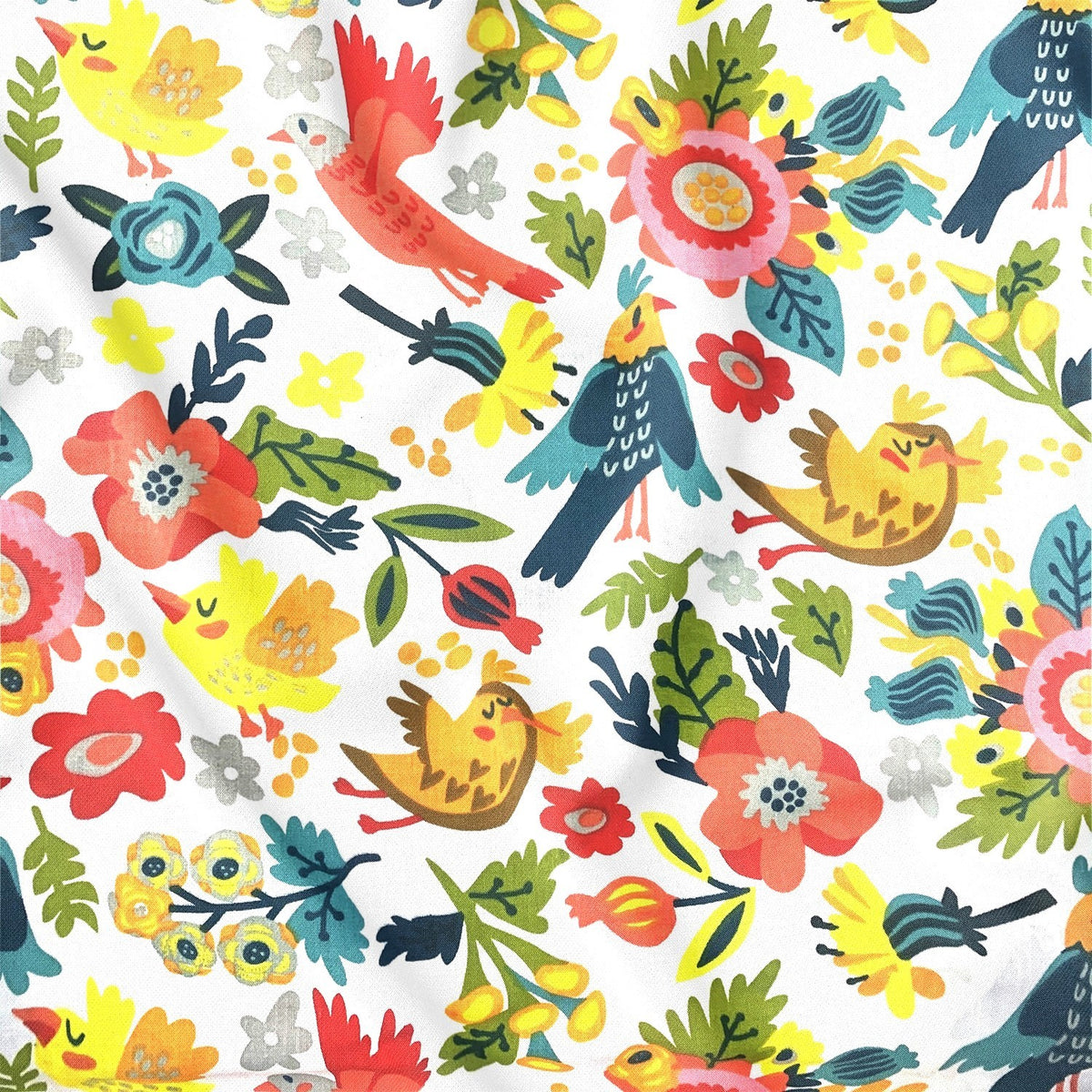 Cotton Fabric - Folklore Hens on White Background