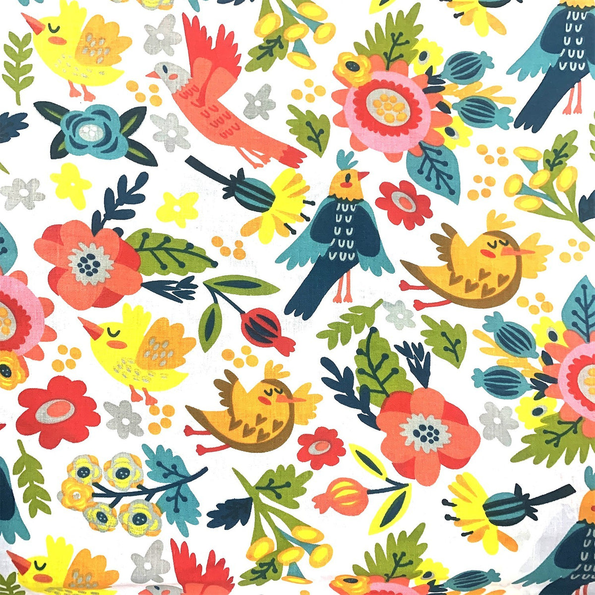 Cotton Fabric - Folklore Hens on White Background