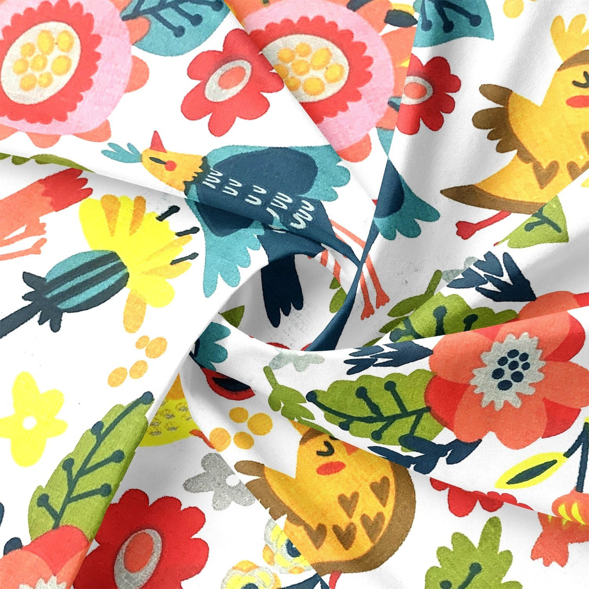 Cotton Fabric - Folklore Hens on White Background